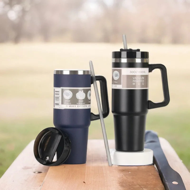 Stainless Steel Car Thermos Bottle Travel Sports Water Bottle Large Capacity with Handle Straw Mug Outdoor Coffee Cup 20oz/30oz