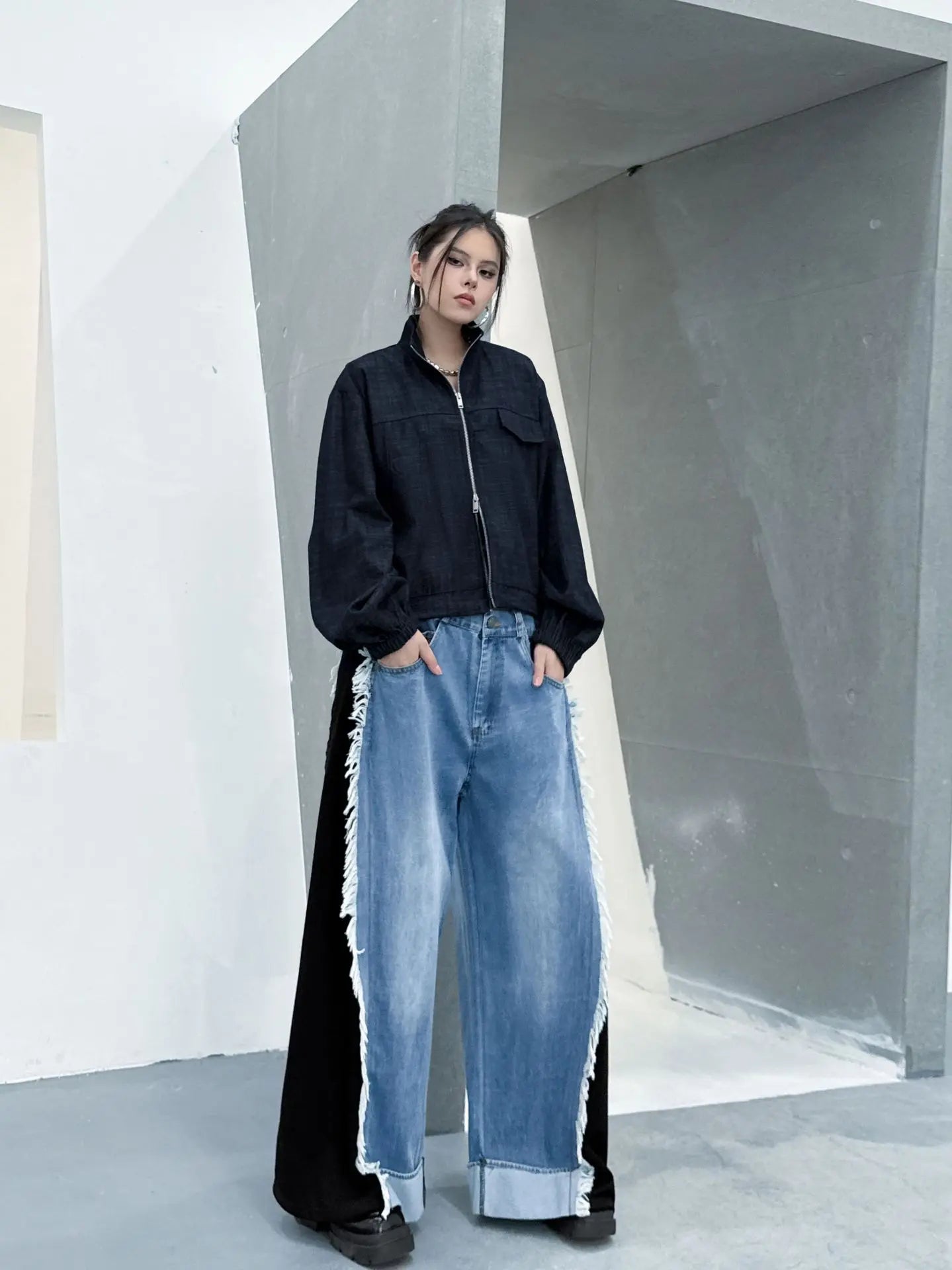NYFS Europe United States Patchwork Loose plus Size Women's Jeans Elastic Waist Trousers Autumn Fashion Denim Wide-leg pants