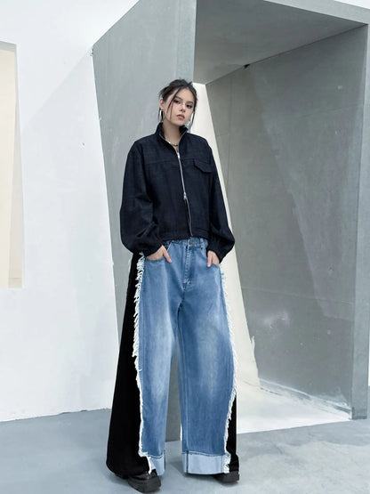 NYFS Europe United States Patchwork Loose plus Size Women's Jeans Elastic Waist Trousers Autumn Fashion Denim Wide-leg pants