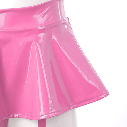 Sexy Womens Glossy Patent Leather Ruffle Mini Skirt Built-in Thongs Garter Belts Metal Clips Shorts Miniskirt Wet Look Clubwear