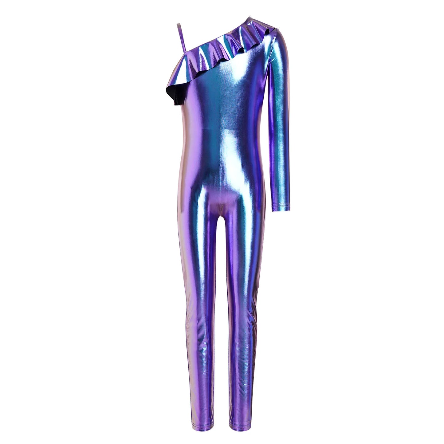 Kids Girls Metallic Shiny Ballet Dance Unitards Figure Skating Acrobatics Gymnastics Leotard One Shoulder Long Sleeve Jumpsuit