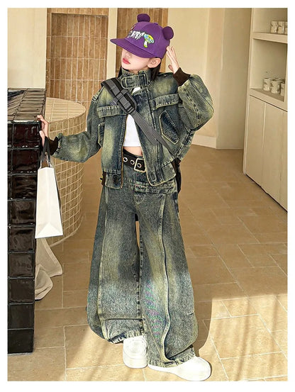American Retro Denim Set for Girls  2026 Spring New Style Buttoned Collar Coat and Floor-Length Pants Set 5-13Y