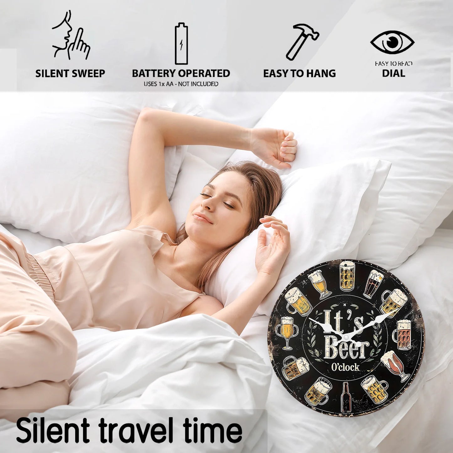 American Retro Beer Mug Pattern Wooden Wall Clock for Living Room, Bedroom, Kitchen, Home Decoration, Silent Quartz Clock, Holiday Gift, 10 Inches, 12 Inches (No Battery)