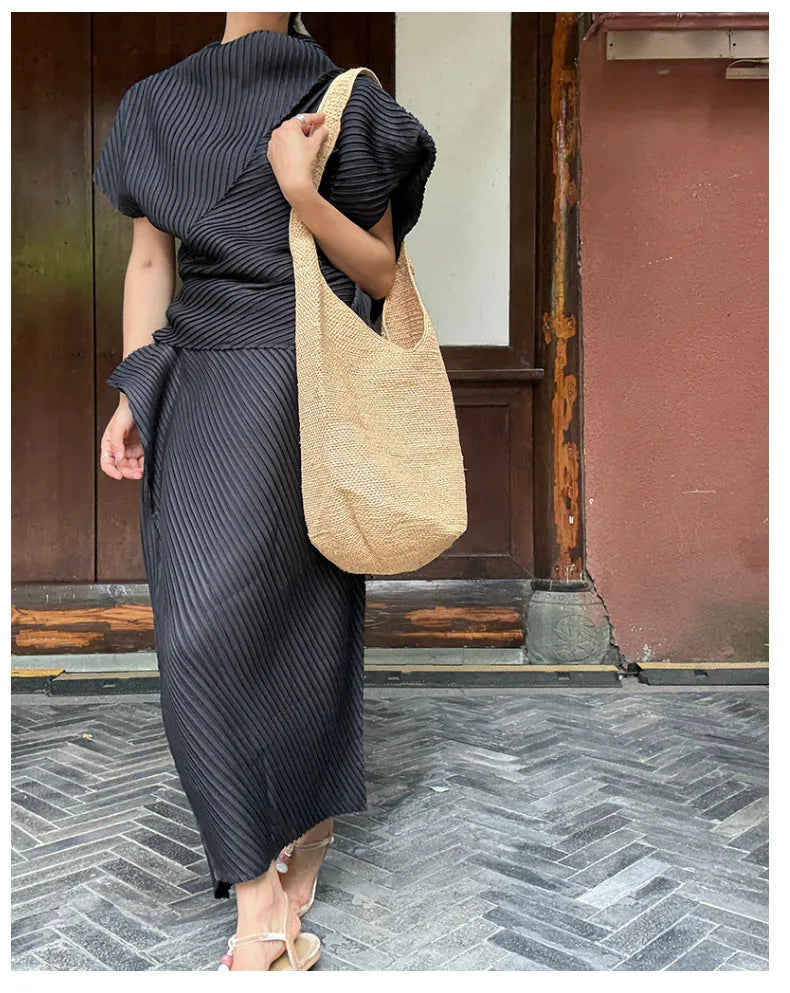 Miyake Pleated Women Set 2026 Summer New Solid Color Irregular Design T-shirt Loose Large Half Skirt Female Two Piece Set