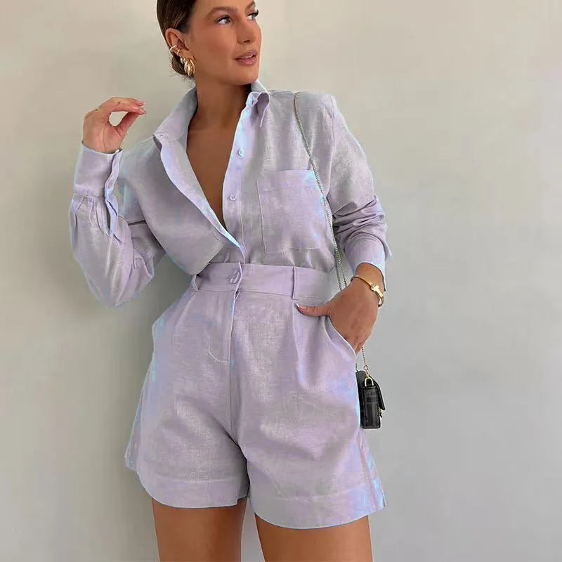 New Women's Long Sleeve 2-Piece Set Casual Button Detail Shorts Outfit Shirt Top Summer Fashion Female Suit Y2k Clothing