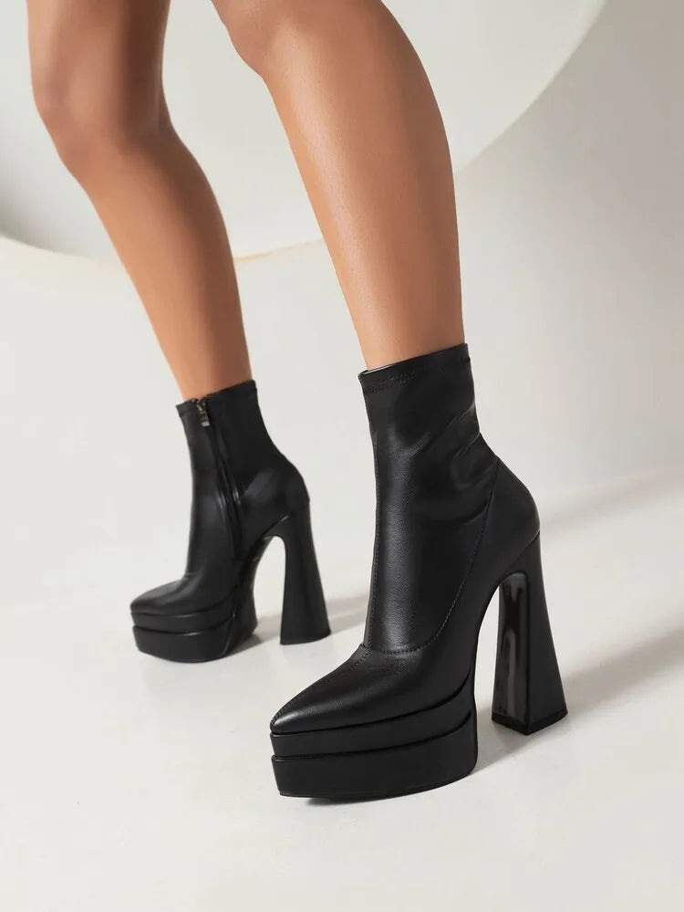New 2026 Style Fashion High-heeled Women's Boots Solid PU Pointed Toe Zipper Platform Square Heel Women's Boots