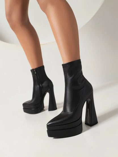 New 2026 Style Fashion High-heeled Women's Boots Solid PU Pointed Toe Zipper Platform Square Heel Women's Boots