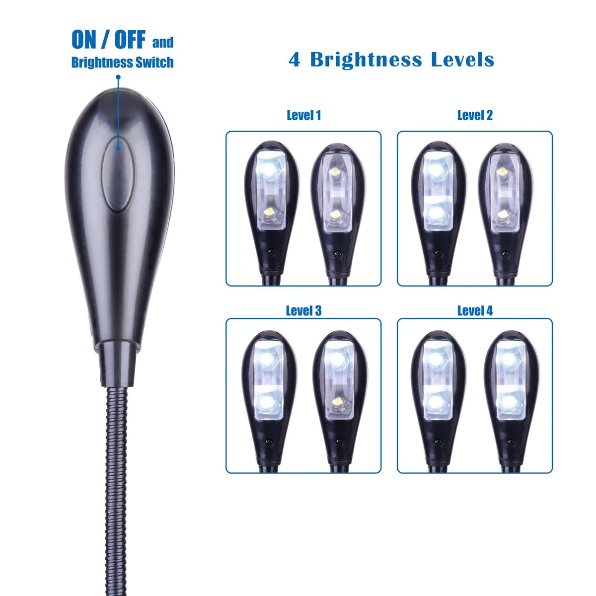 Music Stand Light, Clip on LED Book Lights, USB and AAA Battery Operated, Reading Lamp in Bed, 4 Brightness Levels, Ideal for Bo