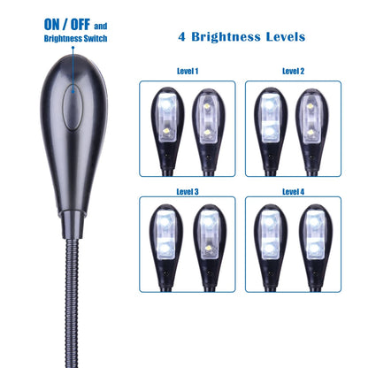 Music Stand Light, Clip on LED Book Lights, USB and AAA Battery Operated, Reading Lamp in Bed, 4 Brightness Levels, Ideal for Bo