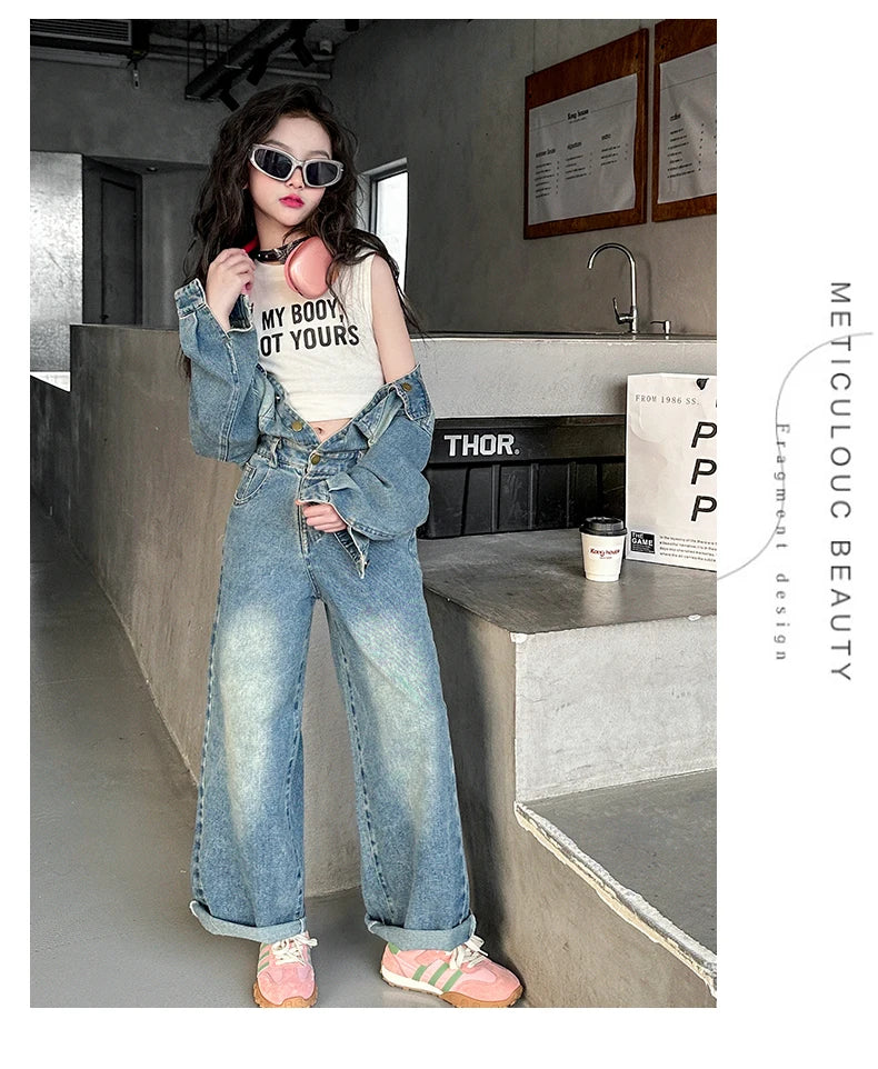 2025 Spring teen Kids girl Denim Jumpsuits Long Sleeve Overalls Children Fashion Jeans Loose Trousers Korean junior Girls Outfit