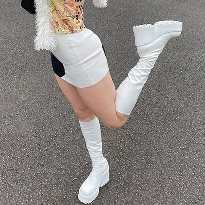 .DoraTasia Fashion Round Toe Chunky Heel Women's Stretch Boots INS Punk Street Snap Motorcycle Nightclub  Winter Shoes Woman