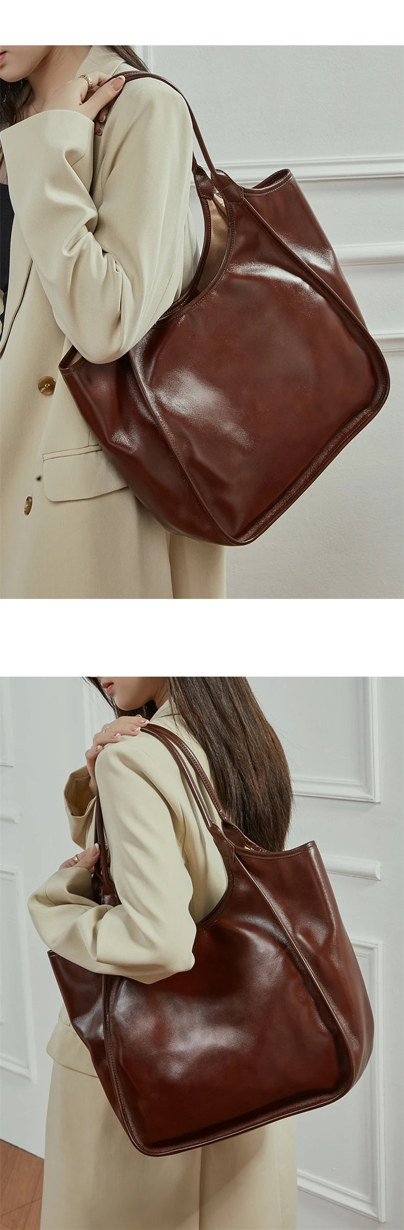 Hifashion Cowhide Genuine Leather Large Tote Shoulder Bags For Women 2026 Luxury Designer Bucket Shopper Office Ladies Handbags