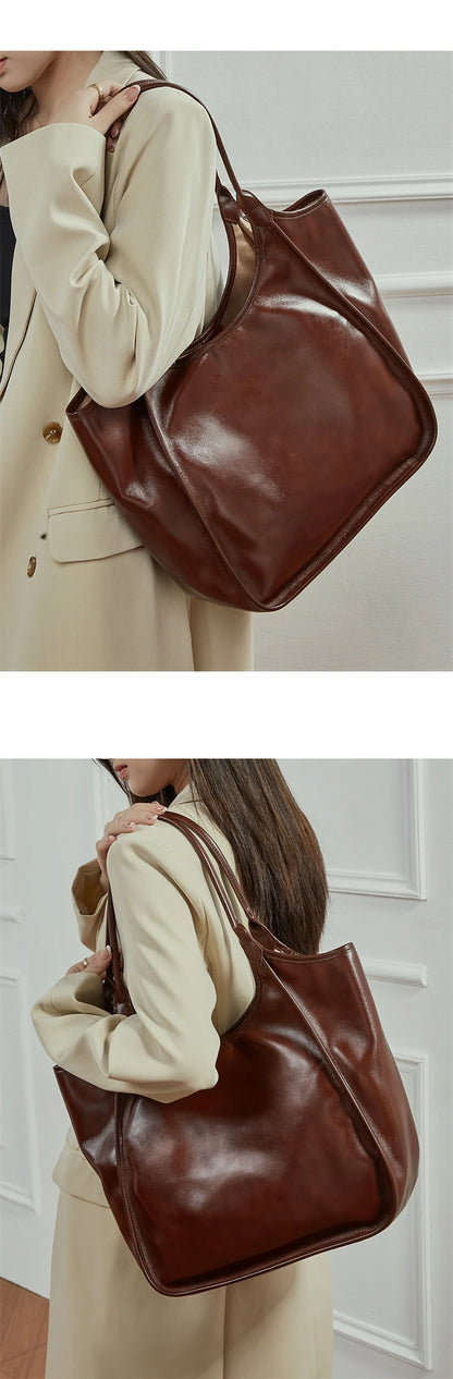 Hifashion Cowhide Genuine Leather Large Tote Shoulder Bags For Women 2026 Luxury Designer Bucket Shopper Office Ladies Handbags