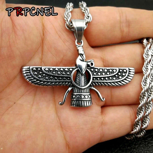 Persian Iran Farvahar Zoroastrian Wing stainless steel Pendant Necklace for Men Vintage Persia Faravahar Pahlavi Male Jewelry