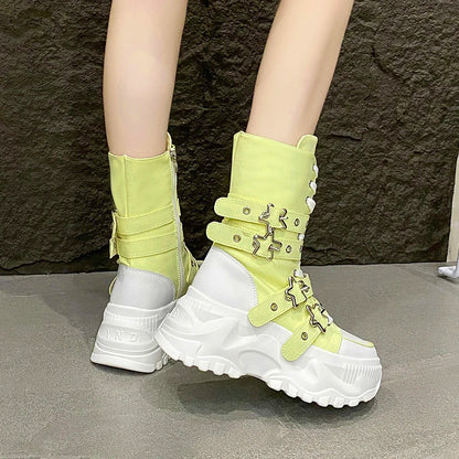 New Rock Platform Y2K Boots Women Summer 2026 Gothic Metal Star Belt Buckle Thick Sole Mid Calf Boots Woman Designer Punk Shoes