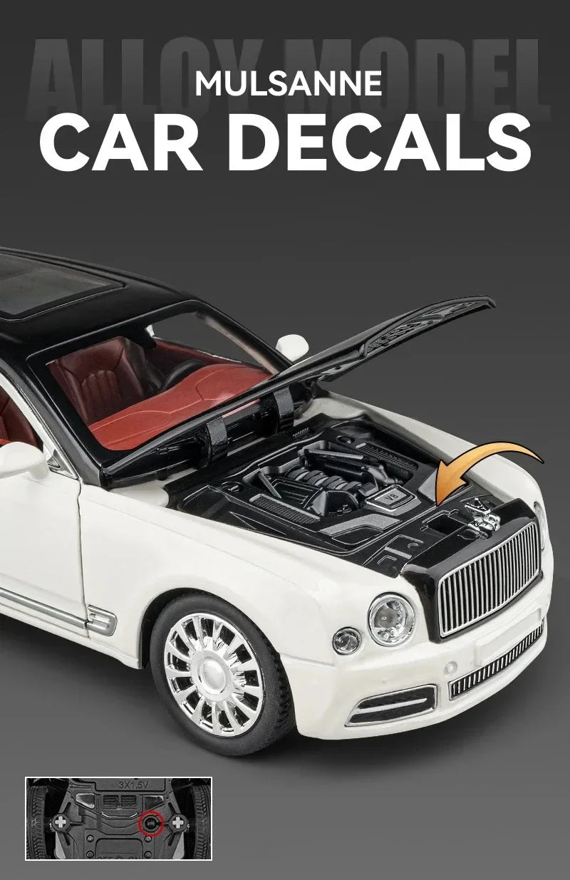 Diecast 1:24 Scale Bentley Mulsanne Alloy Model Car Collection Vehicle Simulation Sound & Light Metal Toy Gift