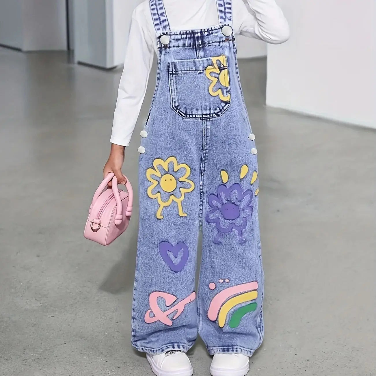 Girl's Y2K sunflower pattern printed straight and loose denim drawstring pants, workwear type drawstring pants.