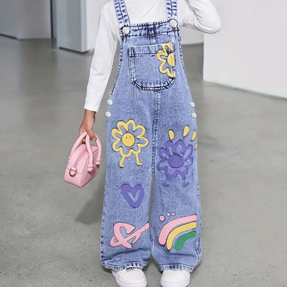 Girl's Y2K sunflower pattern printed straight and loose denim drawstring pants, workwear type drawstring pants.