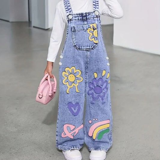 Girl's Y2K sunflower pattern printed straight and loose denim drawstring pants, workwear type drawstring pants.