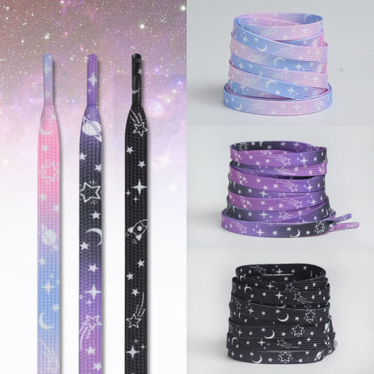 Stars Moon Shoelaces for Sneakers AF1 Gradient Classic Flat Shoelaces Rainbow Shoe Laces with Stars Cosmic Milky Print Strings