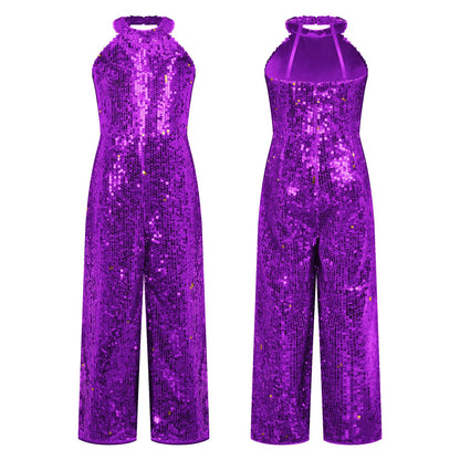 Kids Girls Jazz Dance Performance Jumpsuit Shiny Sequin Sleeveless Halter Romper Birthday Wedding Party Dancing Prom Bodysuit