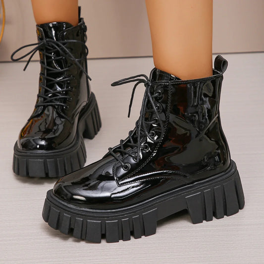 Chunky Platform Combat Boots for Women Fashion Black Patent Leather Ankle Boots Woman Thick Sole Non Slip Motorcycle Botas Mujer