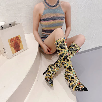 Liyke Runway Fashion Color Gem Knee High Boots Women Handwork Embroider Sexy Pointed Toe Zip Party Stripper Heels Shoes Booties