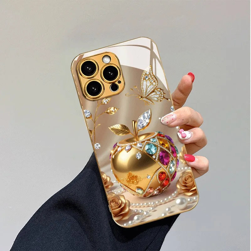 Luxury Golden For Apple Pattern Metallic Paint Glass Phone Case For iPhone 17 16 15 14 13 12 11 Pro Max 16 Plus 17 Air 16E Cover