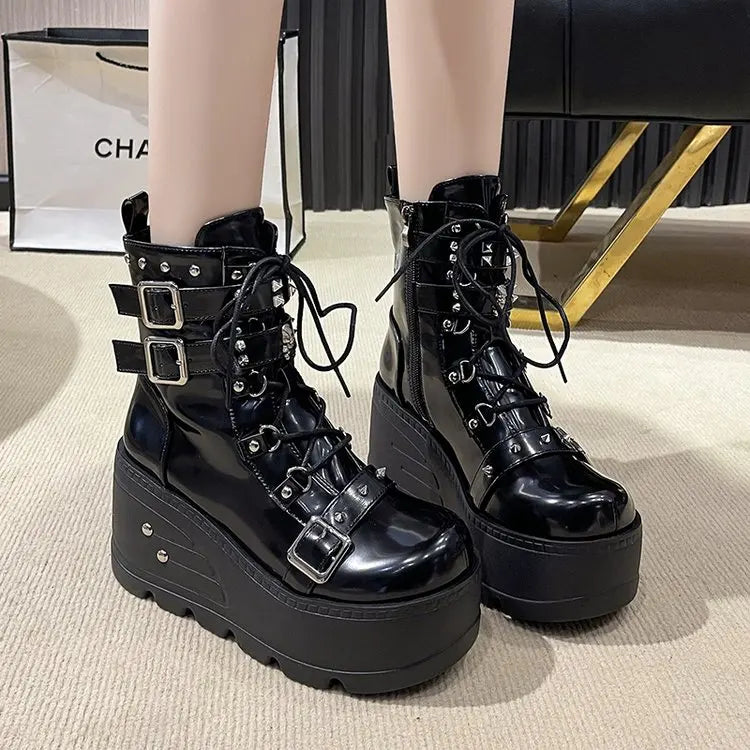 New Punk Women's Boots Wedges Ladies Shoes Patent Leather Boot Rivets Cosplay Ankle Boots Zip Ladies Gothic Motorcycle Boot