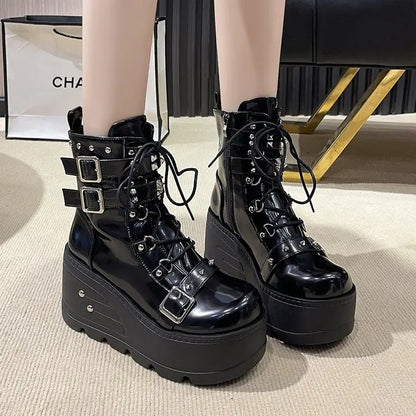 New Punk Women's Boots Wedges Ladies Shoes Patent Leather Boot Rivets Cosplay Ankle Boots Zip Ladies Gothic Motorcycle Boot