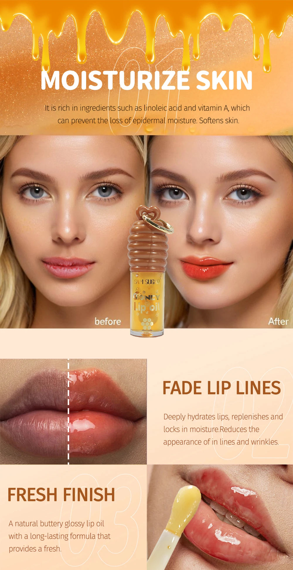 SAM SUGAR 2-Color Honey Essence Lip Oil Long-Lasting Moisture, Reduces Lip Lines Transparent Hydrating Lip Gloss