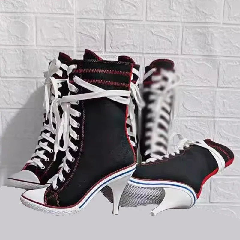 .Women Boots Design Stiletto High Heel Canvas Shoes Fashion Lady Lace up Pointed Ankle Shoes Sexy High-heeled Thin Heel Boot