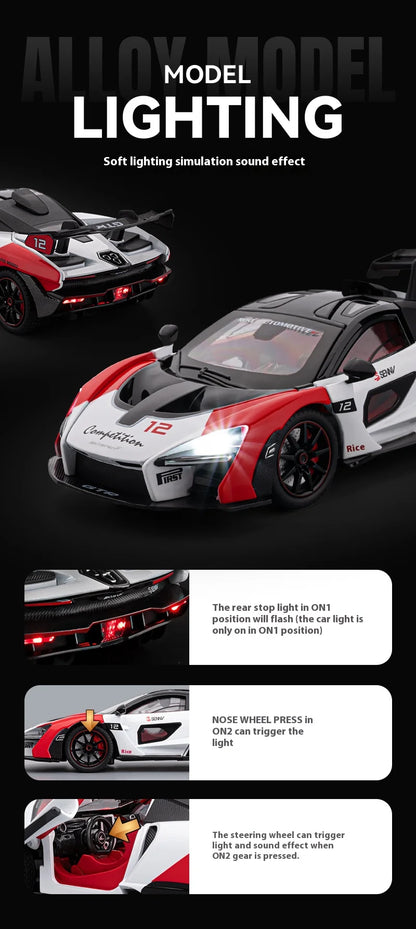 Simulated 1/24 McLaren Senna car model with sound and lights, track version sports car model, boys gift, collection ornaments