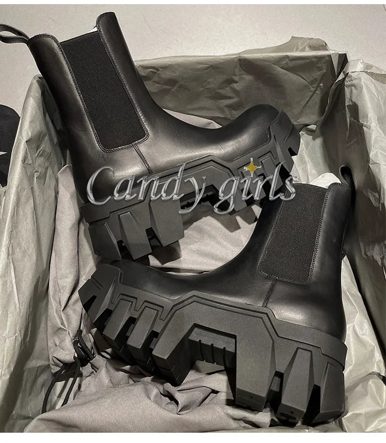 Retro Chelsea Mid-Calf for Women  New round Toe Muffin Gear Platform Black Mid-Calf Length Motorcycle Boots