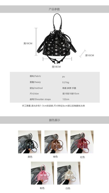 New Solid PU Bucket Design Personality Retro Shoulder & Crossbody Bags 2026 Fashion Exquisite Rivets Stylish Handbags for Women