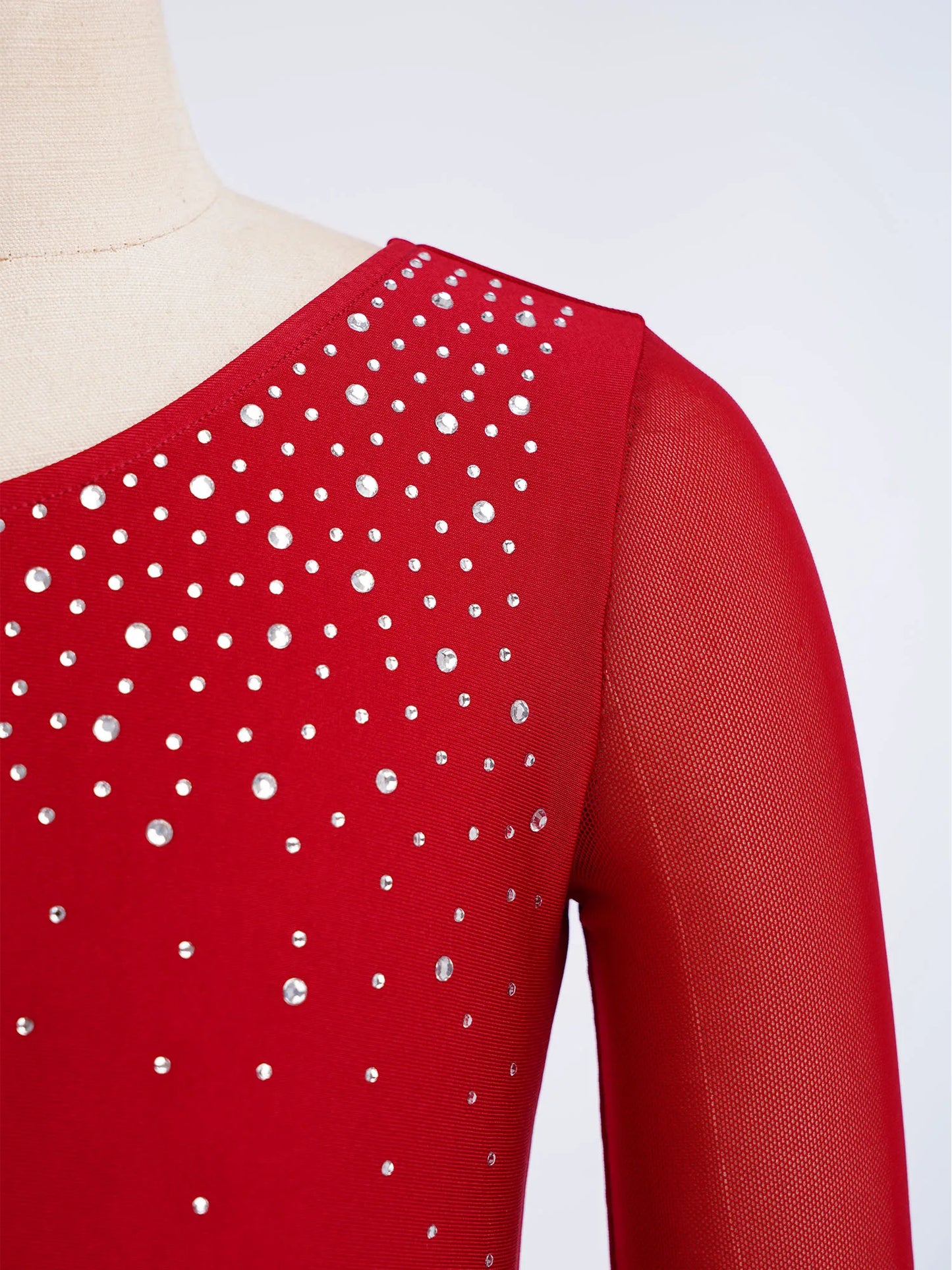 Kids Girls Ballet Dance Gymnastics Leotard Shiny Rhinestones Mesh Asymmetrical Jumpsuit for Figure Skating Acrobatic Performance