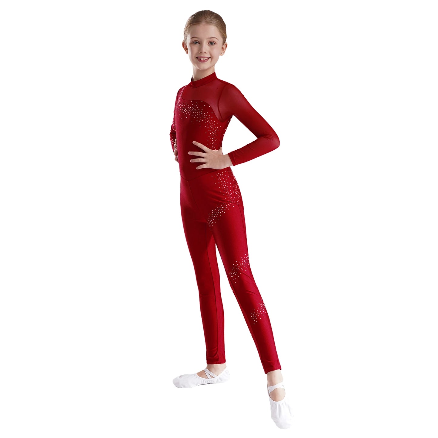 Kids Girls Ballet Dance Gymnastics Leotard Figure Skating Acrobatics Yoga Bodysuit Long Sleeve Shiny Rhinestone Mesh Jumpsuit