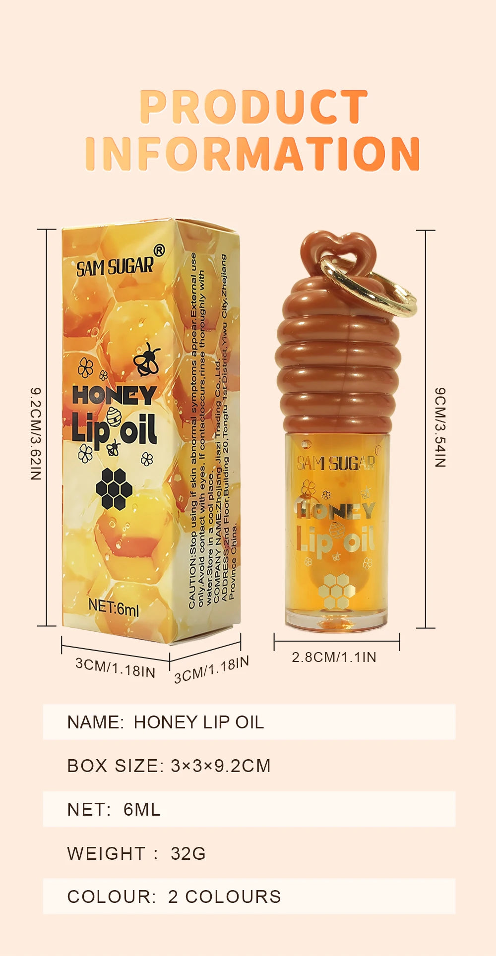 SAM SUGAR 2-Color Honey Essence Lip Oil Long-Lasting Moisture, Reduces Lip Lines Transparent Hydrating Lip Gloss