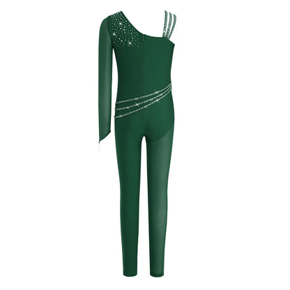 Kids Girls Ballet Dance Gymnastics Leotard Shiny Rhinestones Mesh Asymmetrical Jumpsuit for Figure Skating Acrobatic Performance