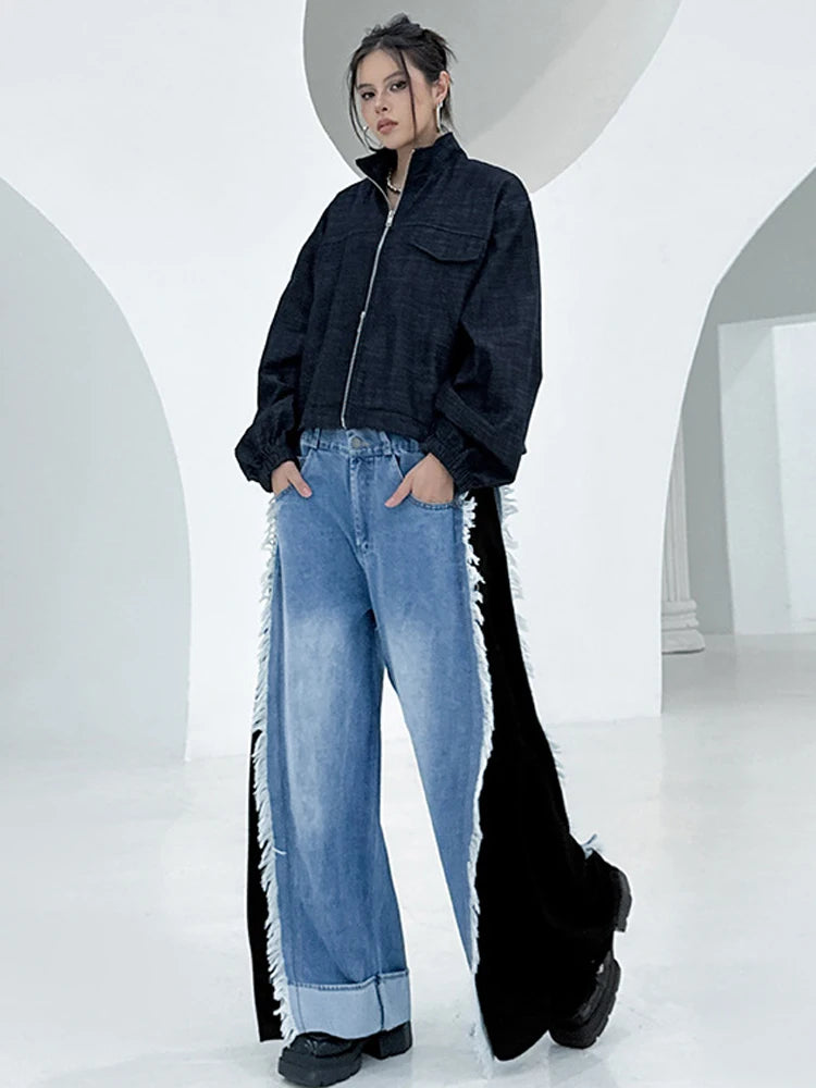 NYFS Europe United States Patchwork Loose plus Size Women's Jeans Elastic Waist Trousers Autumn Fashion Denim Wide-leg pants