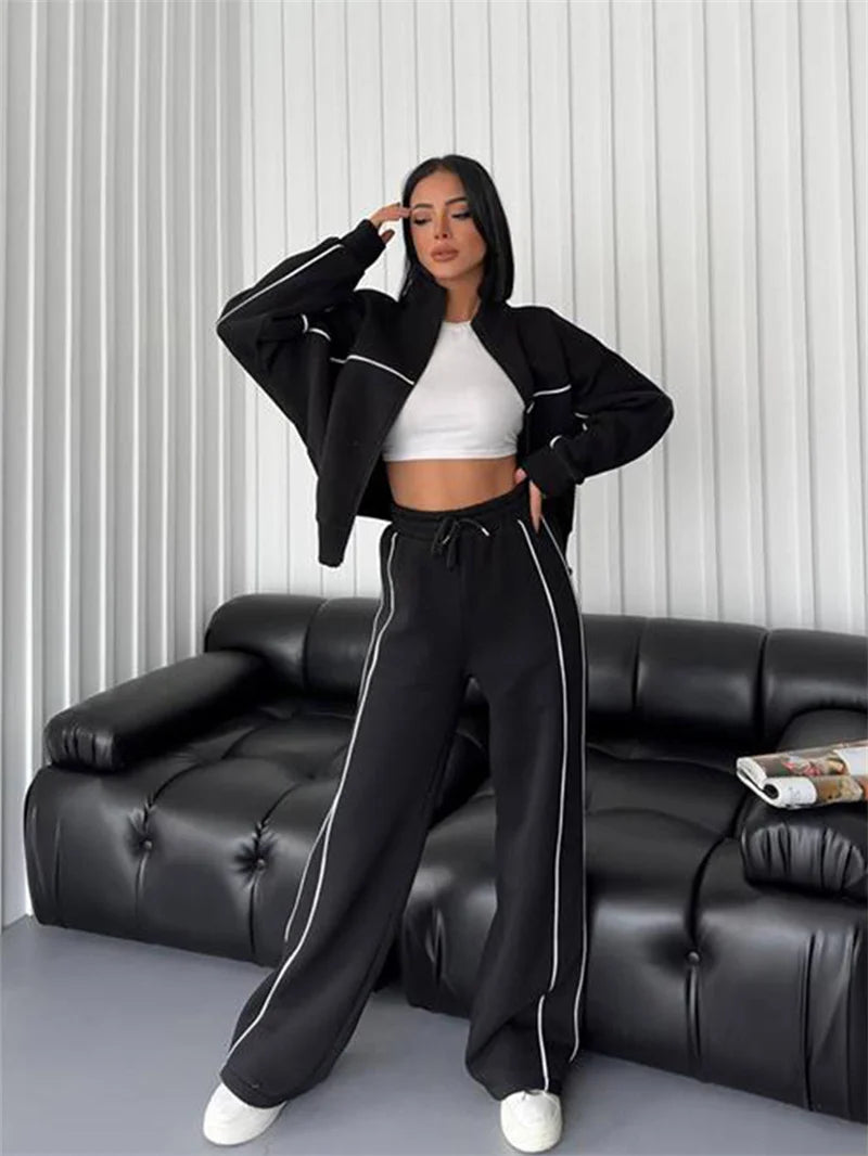 Sweatshirt Two-piece Suit Women's Oversize Striped Casual Sports Sets Zipper-up Short Jacket Straight Trousers 2-piece Sets