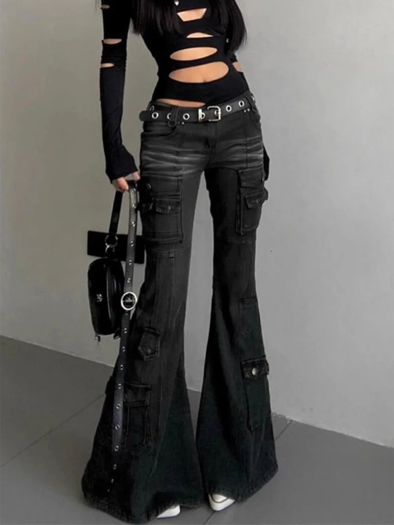 Retro Multi Pocket Y2K Flared Pants Women's Black Low Waisted Denim Cargo Jeans Gothic Stretch Slim Spicy Girl Workwear Trousers