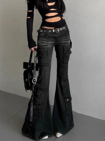 Retro Multi Pocket Y2K Flared Pants Women's Black Low Waisted Denim Cargo Jeans Gothic Stretch Slim Spicy Girl Workwear Trousers