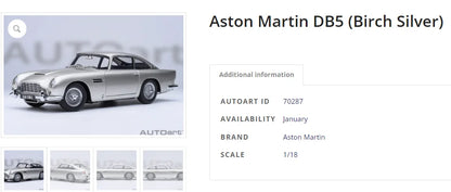 Autoart 1/18 ASTON MARTIN DB5  ABS 007/Goldfinger Bond , door full open sports car model static decoration collection