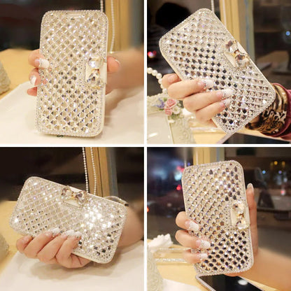 Luxury Diamond Leather Case For iPhone 17 Air 16 15 14 Plus 12 13 11 Pro Max XR X XS Flip Stand Glitter Protection Cover Funda