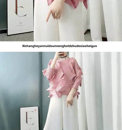 Diamond Pleated Top 8161 Artistic Raglan Sleeve Crew Neck T-Shirt  Spring Summer Fashionable Pleated Des