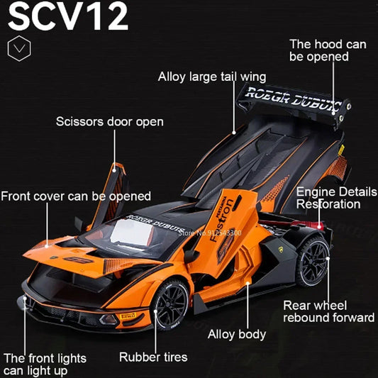 Lambor SCV12 LP770- 1:24  Car Model Alloy Diecast Sound Light Pull Back Doors Opened Vehicle Models Toy