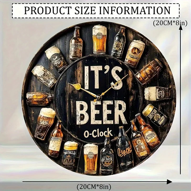 Beer O'Clock" Circular Wooden Wall Decor Sign with Beer Bottle & Glass Art - Artificial Wood Classic Home Bar Pub for
