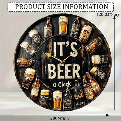 Beer O'Clock" Circular Wooden Wall Decor Sign with Beer Bottle & Glass Art - Artificial Wood Classic Home Bar Pub for