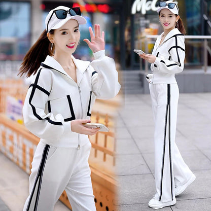 Women's Fashion Color Matching Zipper Cardigan Jacket + Wide-leg Pants Sports Casual Loose Two Piece Set